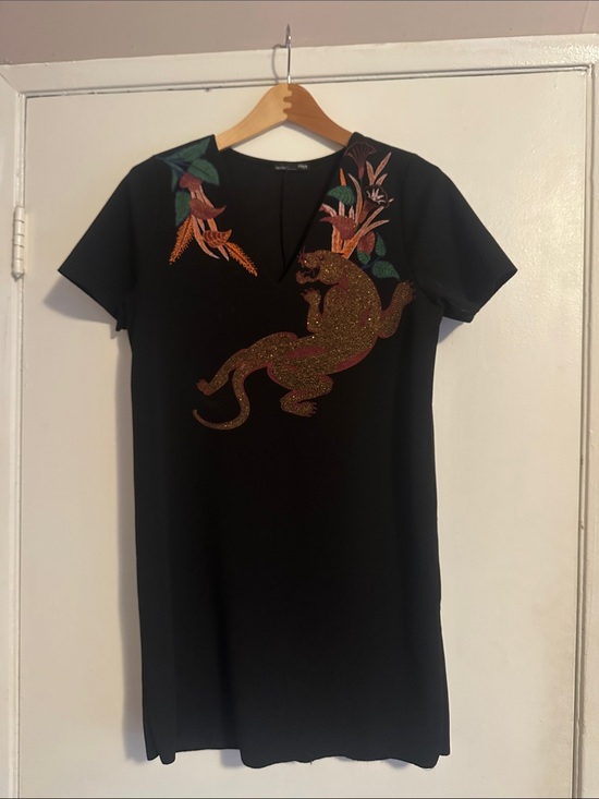 Zara Dresses & Skirts - Black Short-Sleeve Shift Dress with Embroidered Floral and Panther Motif